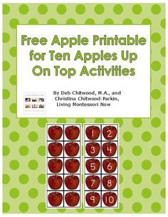 the apple printable for ten apples up on top activities is shown in green polka dots