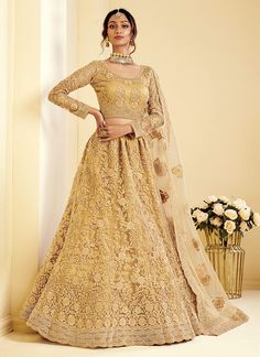 Beige Golden Pearl Embroidered Wedding Lehenga Choli Blue Bridal Lehenga, Blouse Lehenga, Gold Lehenga, Designer Bridal Lehenga Choli, Indian Lehenga Choli, Yellow Lehenga, Net Blouses, Lengha Choli, Designer Bridal Lehenga