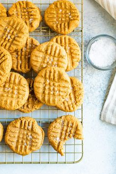 peanut butter cookies cooling on a wire rack