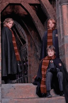 three children dressed in harry potter costumes sitting on some steps with their scarves around them