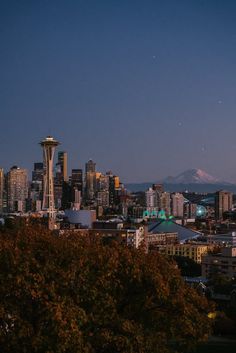 the seattle skyline is lit up at night with snow capped mountains in the back ground