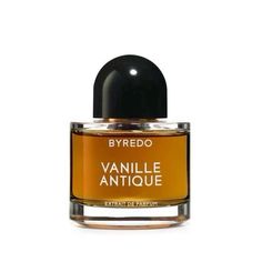 a bottle of vanille antique perfume on a white background with the words byredo written in