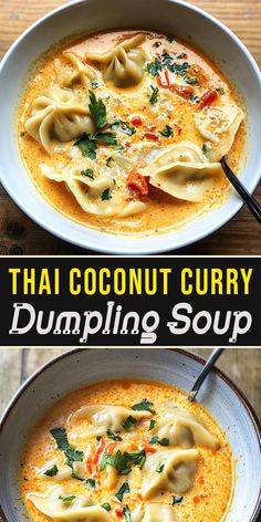 thai coconut curry dumpling soup in a white bowl