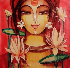 a painting of a woman's face surrounded by water lillies and lotuses