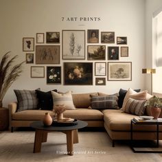 a living room filled with lots of furniture and pictures on the wall above it's coffee table