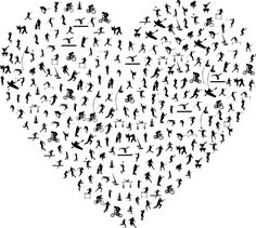 a heart shape made up of silhouettes of people riding bicycles and skateboards in various positions