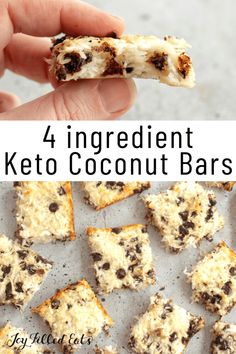 four ingredient keto coconut bars on a baking sheet with text overlay that reads, 4 ingredient keto coconut bars