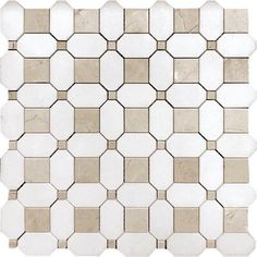 a white and beige mosaic tile pattern with hexagonal tiles on the bottom half