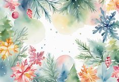 watercolor christmas background with pine branches and ornaments