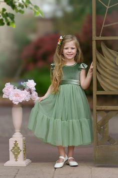 Sage Green Velvet and Tulle Flower Girl Dress - The Little Kitten Boutique Green Tulle Skirt, Green Flower Girl Dresses, Boho Flower Girl, Long Flower Girl Dresses, Tulle Flower Girl Dress, Green Tulle, Tulle Flower Girl, Tulle Flowers, Velvet Flowers