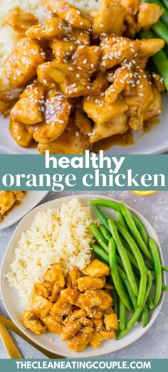 orange chicken with rice and green beans on a white plate next to the recipe title