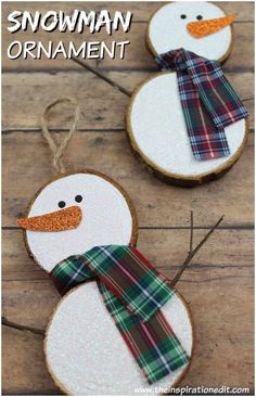 snowman ornament made out of wood slices