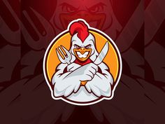 an angry chicken holding a fork and knife in his hands with the word rooster on it