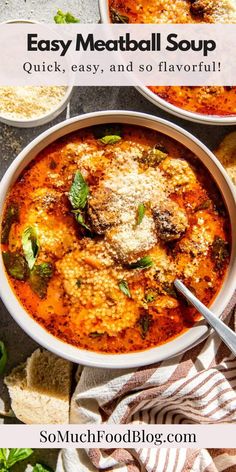 three bowls filled with meatball soup and topped with parmesan cheese on top