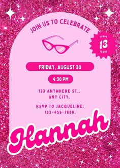 a pink birthday party flyer with the name hannah on it and stars in the background