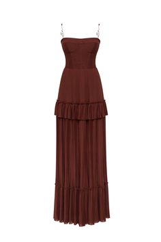 Chocolate spaghetti strap pleated maxi dress, Garden of Eden ➤➤ Milla Dresses - USA, Worldwide delivery Chocolate Spaghetti, Evermore Outfits, Emilia Core, Brown Gown, Milla Dresses, Dress Weights, Full Length Skirts, Pleated Maxi Skirt, Usa Dresses