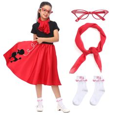 PRICES MAY VARY. 4 Pcs 50s Vintage Costume Set-Package Comes with all about 50s dress-up,includes: 1 x Poodle Skirt;1 x 50's Chiffon Scarf; 1 x Cat Eye Glasses; 1 x Bobby Socks.The T-shirt isn't included. There are three sizes:S（4-6） M(8-10) L（12-14),fit girls of all shapes and sizes.The poodle skirt features an elastic waistband,to provide a suitable,comfirtable wear.Four colors to choose:pink,red,blue,purple. Made of 100% polyester，the surface of the dress feels very smooth and soft,comfortabl 50s Dress Up Day, Kids 50s Costume, 50s Dress Up, Sock Hop Costumes, Decades Day Outfits, 50s Outfit, 50s Costume, Pretend Play Costumes, Bobby Socks