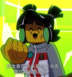 a cartoon character with headphones on pointing at something