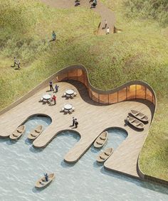 an artist's rendering of a boat dock with benches and umbrellas