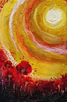 an abstract painting with yellow and red colors