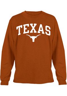 Longhorn Skull Shirts, Texas Longhorn Shirt Ideas, Varsity Cotton Top With Team Logo, Sports Fan Crew Neck Top For College, Long Sleeve Cotton T-shirt With Team Name, Collegiate Crew T-shirt For Fan Gear, Fall Sports Team Logo Tops, Collegiate Fan Merchandise T-shirt For Fall, Collegiate Fall Fan Merchandise T-shirt