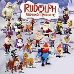 rudolph the reindeer and other animated characters are shown in front of a snow covered background