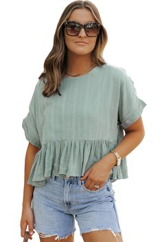 This stylish blouse has a sheer design for added elegance. With a loose fit for comfortable wear, it is perfect for any occasion. The solid color makes it versatile and easy to pair with other items. The ruffled hem adds a delicate and feminine touch, while the textured fabric makes it trendy and popular.Tops > Blouses & Shirts Material: 80% Viscose+20% Linen Pattern: solid Neckline: Round Neck Details: Ruched Color: Laurel Green Style: casual Sleeve Length: short sleeve Silhouette: Shift Occasi Laurel Green, Denim Short Jumpsuit, Two Piece Set Pants, Linen Pattern, Plus Size Mini Dresses, Cardigan Sweater Vest, Evening Dresses Plus Size, Green Style, Stylish Blouse