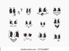 an assortment of cartoon faces drawn in black and white with different expressions, including one smiling