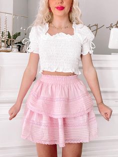 Dream Chaser PINK Ruffle Lace Skirt | Sassy Shortcake Boutique Cute Interview Outfits, White Tops Outfit, Pink Ruffle Skirt, Pink Lace Skirt, Sassy Shortcake, Pinterest Wardrobe, Sorority Recruitment Outfits, Cute Cowgirl Outfits, Recruitment Outfits