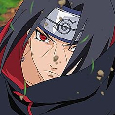 an anime character with red eyes and black hair, wearing a hood over his head