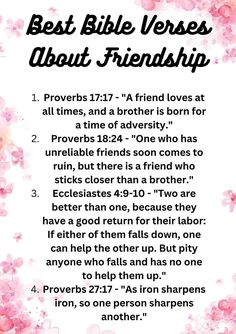 the best bible verses about friends in pink and white flowers with text overlay