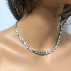 Baguette Tennis Necklace, Silver Diamond Necklace With Baguette Diamonds, Silver Baguette Cut Diamond Necklace, White Gold Diamond Tennis Necklace With Baguette Cut, Fine Jewelry Diamond Tennis Necklace With Baguette Diamonds, Classic Silver Baguette Cut Diamond Necklace, Classic White Gold Tennis Necklace With Baguette Cut, Classic White Gold Baguette Cut Tennis Necklace, Classic Silver Diamond Necklace With Baguette Diamonds