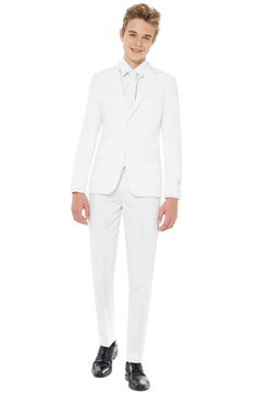 Formal style doesn't have to come with a bank-breaking price tag. OppoSuits pairs a classic, lightweight two-button suit jacket with trousers and a complementary tie in a strikingly clean and simple white colorway. Style Name:Opposuits White Knight Two-Piece Suit With Tie (Big Boys). Style Number: 5680778. Suit Prom, White Knight, Wedding Party Outfits, Party Suits, Slim Fit Suits, Cooler Look, Fitted Suit, Halloween Make