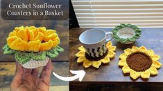 crochet sunflower coasters in a basket with coffee cup holder and mug cozyie