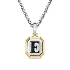 E Initial Amulet in Sterling Silver with 14K Yellow Gold, 17mm Spiritual White Gold Jewelry With Polished Finish, Spiritual Yellow Gold Jewelry With Polished Finish, Engraved Spiritual White Gold Jewelry, Engraved White Gold Spiritual Jewelry, Spiritual Engraved White Gold Jewelry, Polished Amulet Pendant Jewelry, Symbolic 14k Gold Initials Jewelry, Symbolic White Gold Box Chain Necklaces, Symbolic 14k Gold Jewelry With Initials