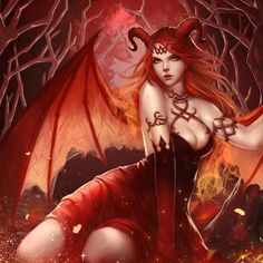 a woman with red hair sitting on the ground in front of a demon like creature