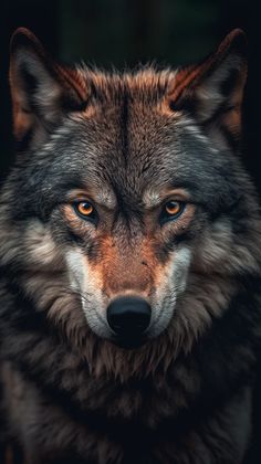 a close up of a wolf's face with orange eyes