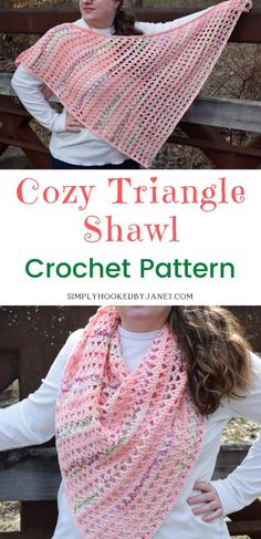 a woman wearing a pink crochet triangle shawl with text overlay that says cozy triangle shawl