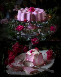 two different cakes with pink frosting and flowers