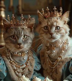 two cats wearing tiaras and pearls sitting next to each other on top of a table