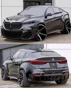 the front and side view of a black bmw suv in two different photos, one is shown