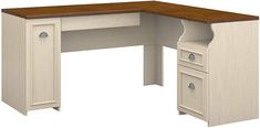 the corner desk has two drawers on each side and is white with brown wood top