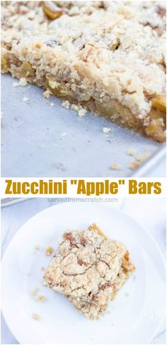 a close up of food on a plate with the words zucchini apple bars