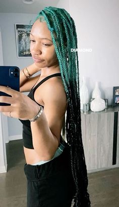 Turquoise Braids For Black Women, Teal And Black Braids, Blue And Green Hair Black Women, Blue And Green Hair Ideas, Blue Dyed Hair Black Women, Justageeker Outfits, Teal Braids Black Women, Dyed Box Braids, Blue Braids Black Women