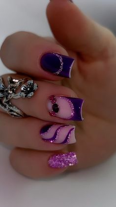 Rhinestone Nail Art Designs, Purple And Silver Nails Designs, Purple Sparkle Nail Design, Metallic Purple Nail Designs, Purple Waterfall Nails, Nail Designs With Gems, Purple Nails Silver Glitter, Dark Purple Glam Nails, Pink And Purple Nails