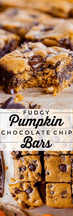 chocolate chip bars stacked on top of each other with text overlay that reads, enjoy pumpkin chocolate chip bars