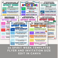 the spirit week flyer is shown in four different colors and font, along with an image of