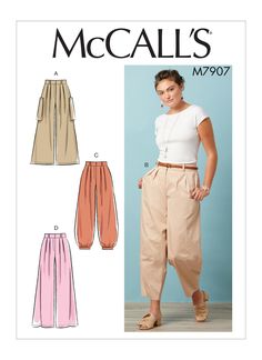 a woman wearing wide pants and sandals with the words, mccall's m790