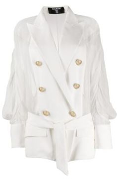 BalmainSheer Panel Double-Breasted Silk Blazer - Runway Catalog Elegant Summer Blazer With Buttons, Elegant Party Blazer With Gold Buttons, Elegant Summer Blazer With Double-breasted Button, Chic Silk Double-breasted Blazer, Elegant Silk Blazer With Buttons, Elegant Evening Blazer With Gold Buttons, Elegant Summer Double-breasted Blazer, Chevron Outfit, Silk Blazer