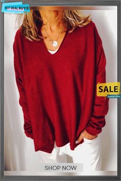 Red Long Sleeve Casual Shirts & Tops Red Solid Color V-neck Top, Winter V-neck Top, Plain V-neck Top For Fall, Winter Solid Color Relaxed Fit Tops, Oversized V-neck Top For Winter, Red Long Sleeve Plain Top, Red Plain Long Sleeve Tops, Oversized Solid Red Tops, Oversized Red Solid Color Tops